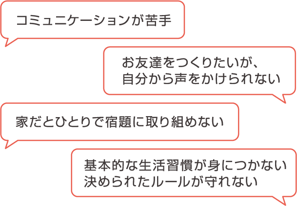 コミュニケーションが苦手、お友達を作りたいが。自分から声をかけられない。家だと一人で宿題に取り組めない。基本的な生活習慣が身につかない、ルールが守れない